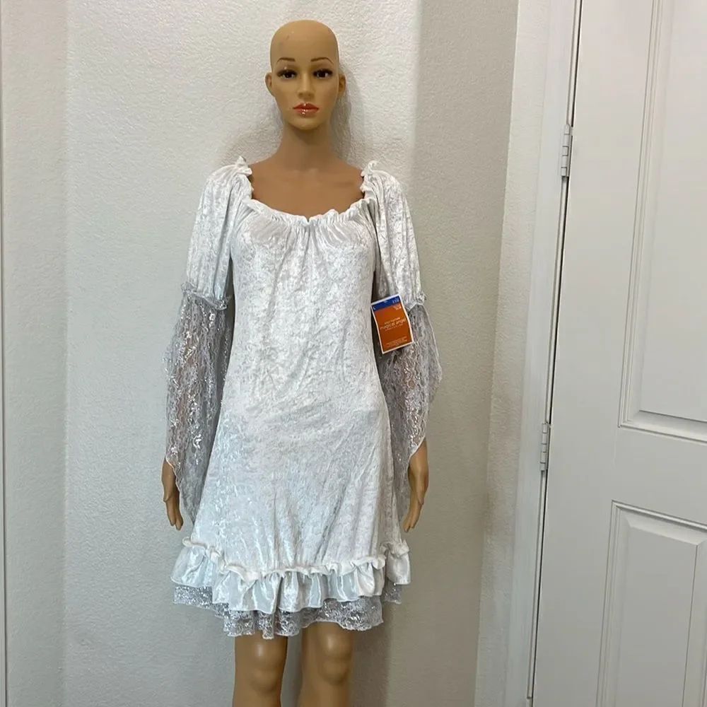 Magical Angel Costume White Dress Off Shoulder Floral Sheer Lace Ruffled Midi